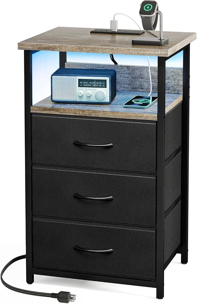 Fixwal Night Stand with Charging Station, LED Nightstand with Fabric Drawers, End Table with PU Finish, Bed Side Table, French Oak