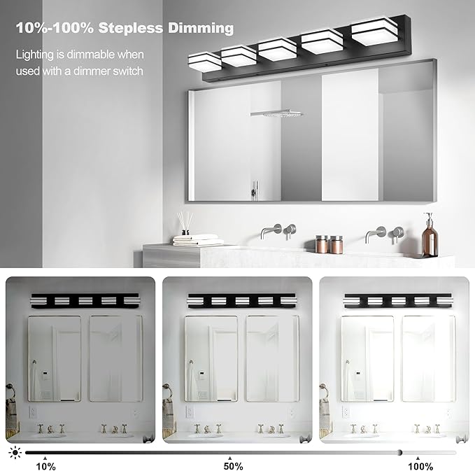 3 Color Temperature Dimmable Vanity Lighting Fixtures, LED Black 5 Light Bathroom Vanity Light Fixtures, Acrylic Stainless Steel Square Shade Vanity Lights for Bathroom, ETL Certificated