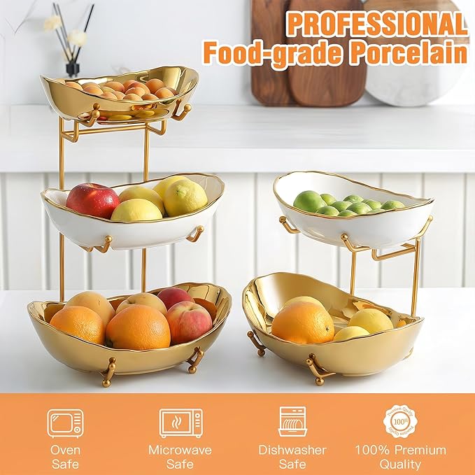Ceramic Fruit Bowl for Kitchen Counter - 3 Tier Fruit Basket with Metal Stand, Tiered Fruit Stand for Countertop, Snack, Nuts, Cake, Dessert, Small & Cute (Gold & White,Small)