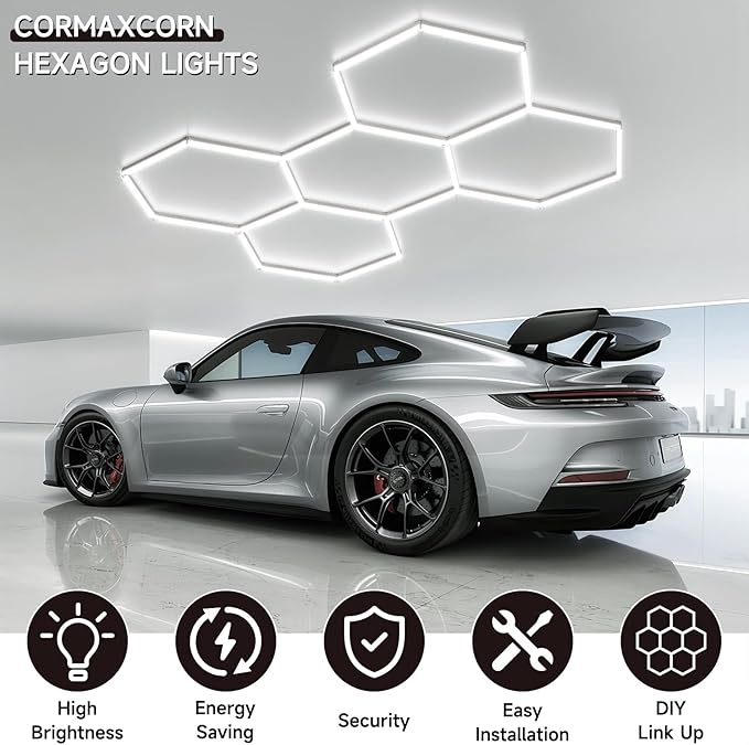 Hexagon Garage Lights 192W 23040LM Super Bright，6500K Daylight White LED - Honeycomb Garage Ceiling Lighting Fixture for Basement, Gym, Workshop, Salon & Commercial Spaces 5 Hex