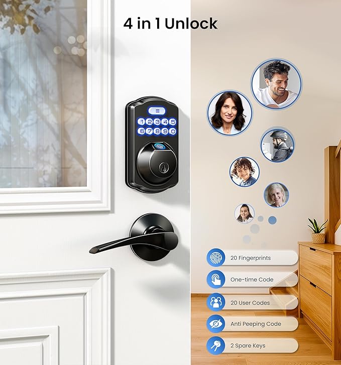 Veise KS02A Fingerprint Keyless Entry Door Lock, Auto Lock, Electronic Keypad Deadbolt for Front Door, Biometric, Anti-Peeping Password, Easy Install, Matte Black