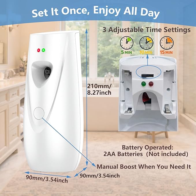Automatic Air Freshener Spray Dispenser (2-Pack) Wall Mounted or Free Standing, Commercial and Home Use, Multiple Time Scent/Mist Release Settings for Room/Restroom Sprayer (White1103)