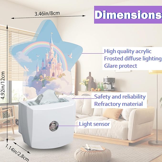 Dreamy Castle Night Light for Kids,Princess Rainbow Night Lights Plug Into Wall, Lightweight Dusk to Dawn Light Sensor Warm Nightlights for Girls Boys Bedroom Nursery Basement