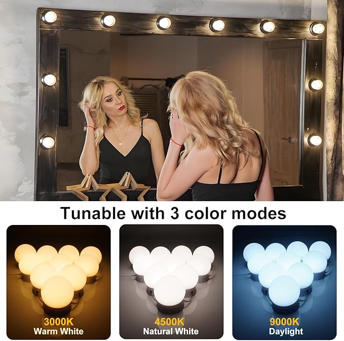 LED Vanity Lights for Mirror, Consciot Hollywood Style, Adjustable Color & Brightness, USB Cable, Stick on for Makeup Table Dressing Room Mirror (14)