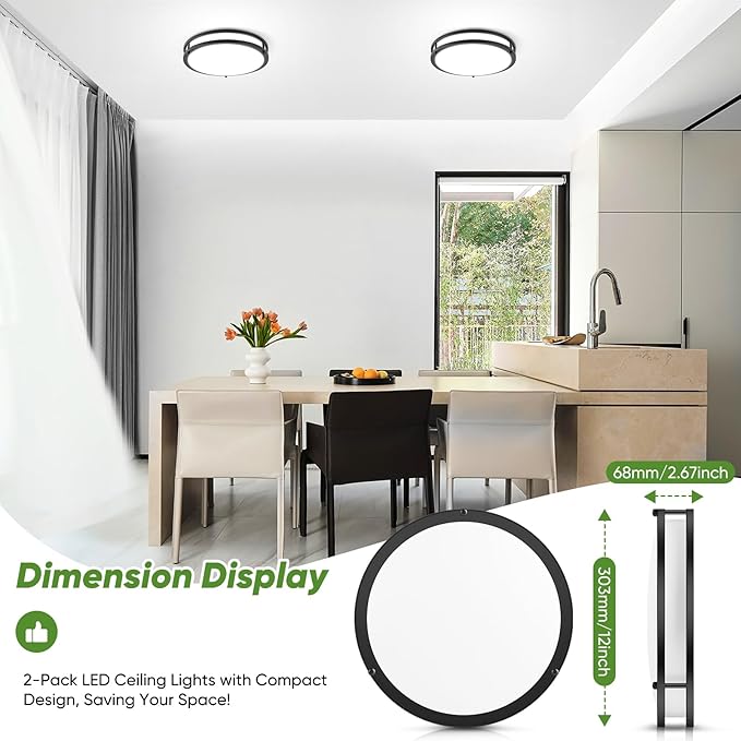 2-Pack 12 Inch Flush Mount Light Fixtures, 36W 3600lm Super Bright LED Ceiling Lights for Kitchen, Dimmable LED Lights 2700K-6500K 5 Color Temperatures, Modern Black Lighting for Bedroom Bathroom
