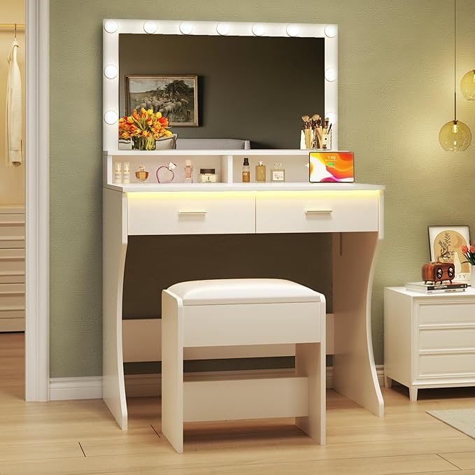 Vanity Desk with Mirror and Lights, Small Makeup Vanity with Power Outlets and RGB LED Strip, Bedoom Vanity Table Set with Cushion Stool and 2 Storage Drawers, 3 Color Modes, Bright Adjustable, White