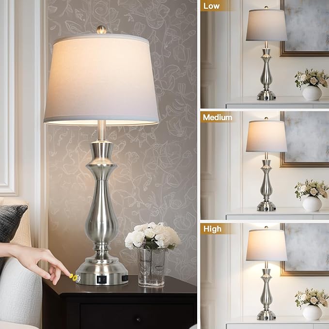 Silver Touch Lamps for Night Stands Set of 2-29.5" Tall Bedside Lamp with USB C+A, 3 Way Dimmable Bedroom Lamps, Brushed Nickel Table Lamps for Living Room