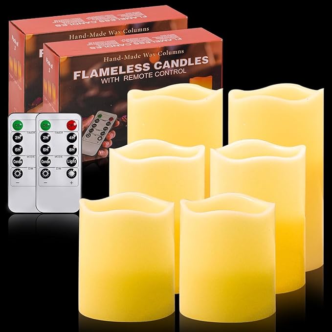 Flameless Battery Operated Candles: Pack of 6 LED Flickering Candle H4 5" 6" D3 Real Wax Pillar Electric Candles with 10-Key Remote and Timer for Home Party Christmas Decor