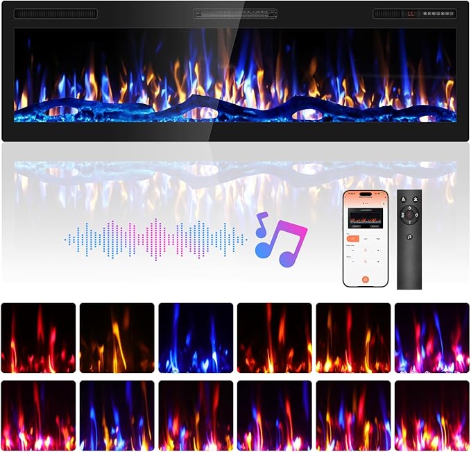 60" Smart WiFi Electric Fireplace with Sound Crackling Narrow Bezel Recessed and Wall Mounted Fireplace Heater with App, Remote Control, Log Flame Option, 750/1500W