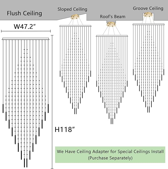 W47 x H120 Crystal LED Chandelier with Light Bulbs Luxury Raindrop High Ceiling Chandeliers for Entryway Villa Staircase Foyer Living Room Lighting Fixtures Gold