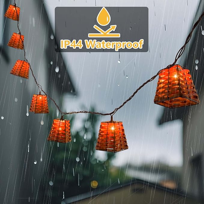Outdoor-String-Lights-Waterproof, Boho Lantern String Lights for Patio, Garden, Porch, Balcony, Gazebo Decorative (PP Rattan)