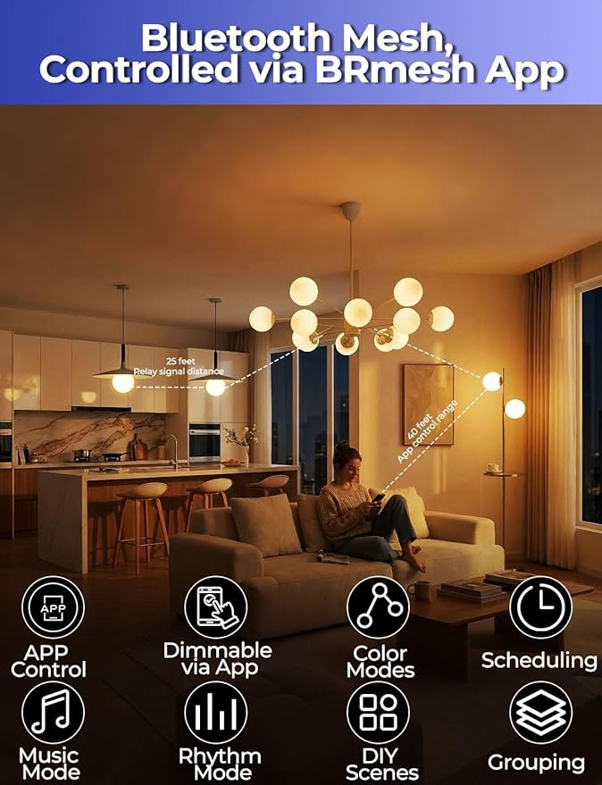 ILC G25 Globe Light Bulbs, App-Controlled Vanity Light Bulbs with Bluetooth Mesh, Color Changing, 1600 Million Colors, 6W, 60W Equivatlent, 600LM, CCT: 2700K-6000K, CRI>95+, E26 Base (6 Pack)