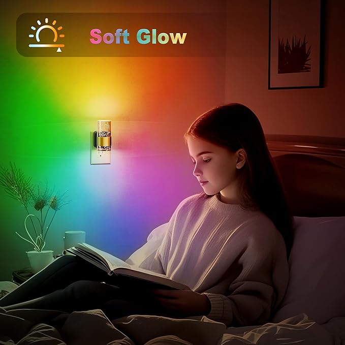 JandCase Night Lights Plug into Wall,2 Pack Color Changing Night Light for Kids, 3000K+RGB 10-Color LED Nightlight with Dusk to Dawn Sensor, 10/50/100LM Adjustable Brightness for Rooms Home Decor