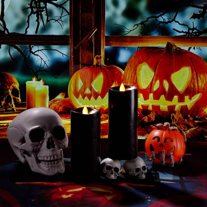 7” x 3” Flameless Candles, Flickering Moving Flame LED Candles, Battery Operated Candles with Remote and Timers, Black, Set of 2
