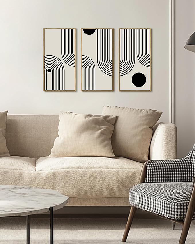 KUVIOKE Boho Wall Decor Black Minimalism Line Abstract Bohemian Art Ready To Hang 8x16in3pcs Natural Framed