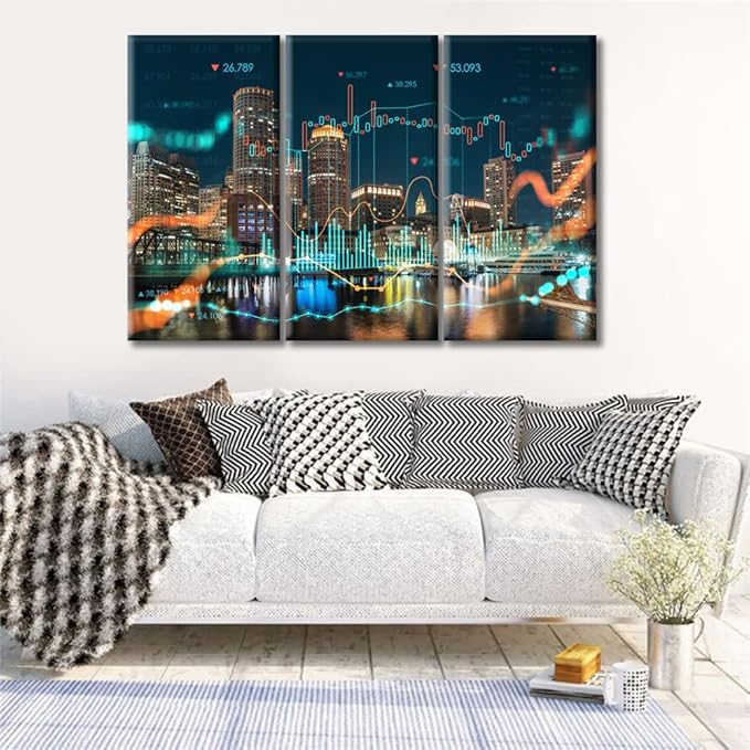 TUMOVO 3 Panel Concept of International Trading Paintings Black and White Wall Art Boston Night Time Painting Wall Decor for Living Room Minimalist Artwork Ready to Hang (42" Wx28 H)