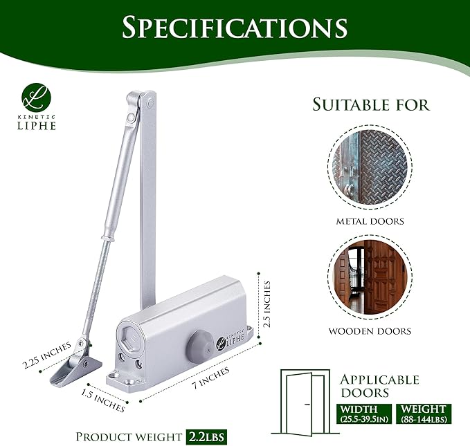 Automatic Door Closer - Hold Open Feature - Adjustable Hydraulic Heavy Duty Door Closer for Commercial and Residential Use - Quick and Easy Installation on Interior and Exterior Doors