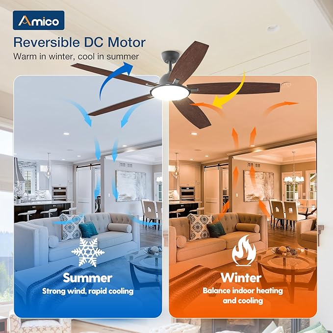 Amico Ceiling Fans with Lights, 60 inch Smart Ceiling Fan with Remote/APP/Alexa Control, Reversible, 5 Blades, 6 Speeds, 3CCT, Dimmable, Noiseless, Wifi Ceiling Fan for Farmhouse, Bedroom, Brown
