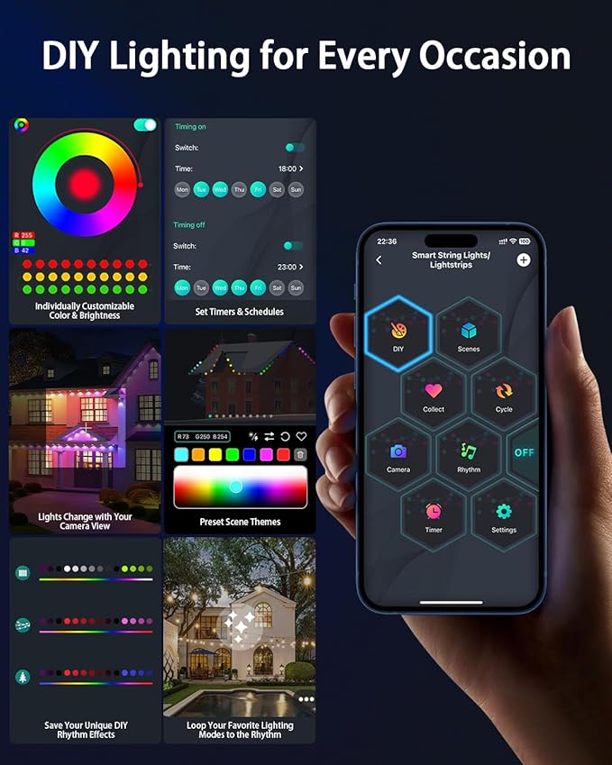Permanent Outdoor Lights Pro,300ft RGB+IC Smart Outdoor Decor,App/Remote,Christmas,Halloween,Multi Scene Modes,IP67 Waterproof,Eaves Light with Daily & Holiday Party Decor,House Roof Lighting