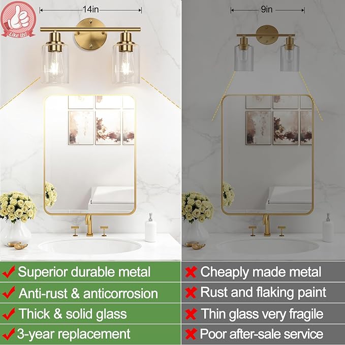 2-Light Bathroom Light Fixtures, Brushed Gold Vanity Light, Modern Vanity Lights with Clear Glass Shade, Bathroom Wall Lamp for Mirror Kitchen Living Room Hallway Cabinet Porch