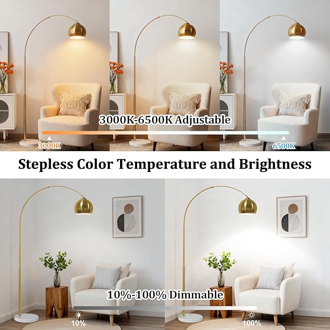 77” Arc Floor Lamp for Living Room, Upgraded Gold Standing Lamp with Remote, 3 Color Temperatures & Brightness Adjustable, Modern Arched Floor lamp for Bedroom,Office, Antique Brass, LED Bulb Included