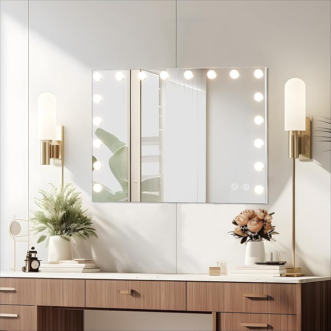 Fenair Large Vanity Mirror with Lights and Speaker Hollywood Lighted Makeup Mirror with Sturdy Base, 18 Dimmable LED Bulbs, 3 Light Colors, USB Charge Port