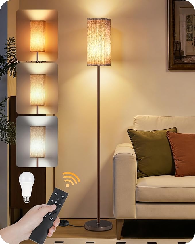 64.2'' Dimmable Floor Lamp for Living Room with Remote and Foot Switch, Corner Floor Lamp for Bedroom, Includes 10W A19 Bulb, Modern Standing Tall Lamp, ETL Listed Brown and Beige VE17LD05