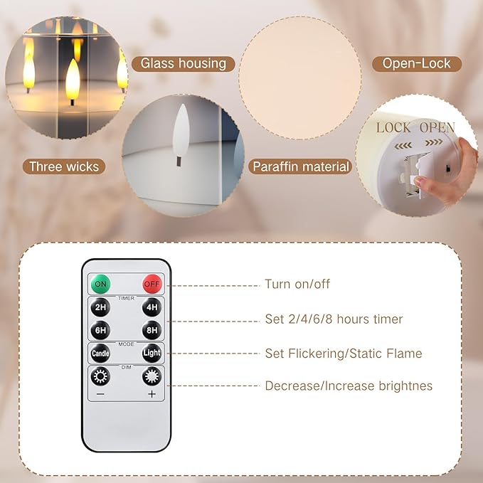 Retisee 6'' x 6'' Extra Large Flameless Candles, 3 Wick Glass Large Candles with Remote Control and Timer Function, Real Wax LED Pillar Flickering for St. Patrick's Spring Party Decor(Gray,1 Pcs)