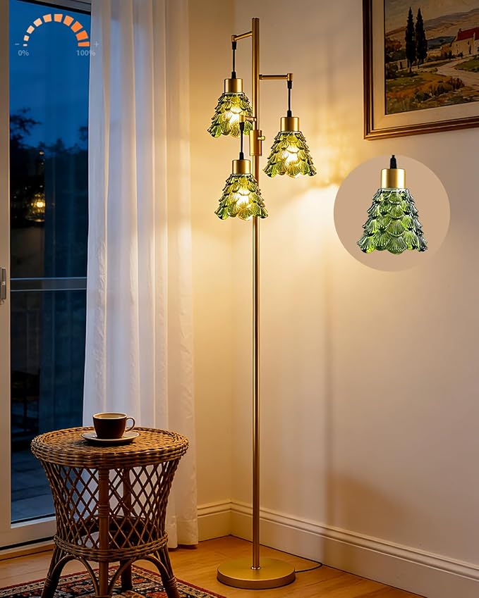 Glass Floor Lamps for Living Room, 67'' 3-Light Dimmable Floor Lamp with Green Glass Shade& E12 Bulbs Included, Mid Century Standing Tall Lamp for Bedroom/Sofa Beside/Corner Decor-Gold