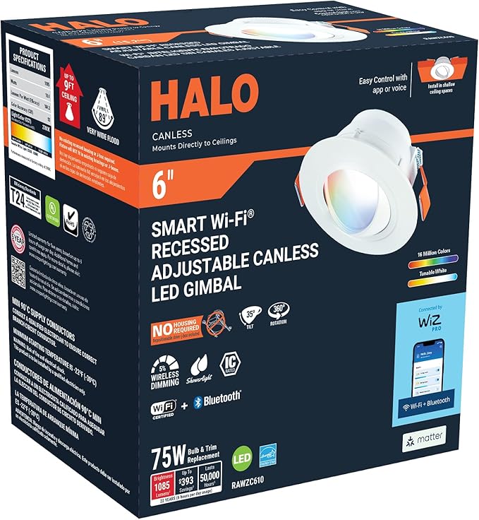 HALO 6” Smart Wi-Fi Canless LED Light Powered by WiZ Pro, Dimmable Full Color w/Adjustable Gimbal, SpaceSense, Smart Home-Ready - RAWZC610