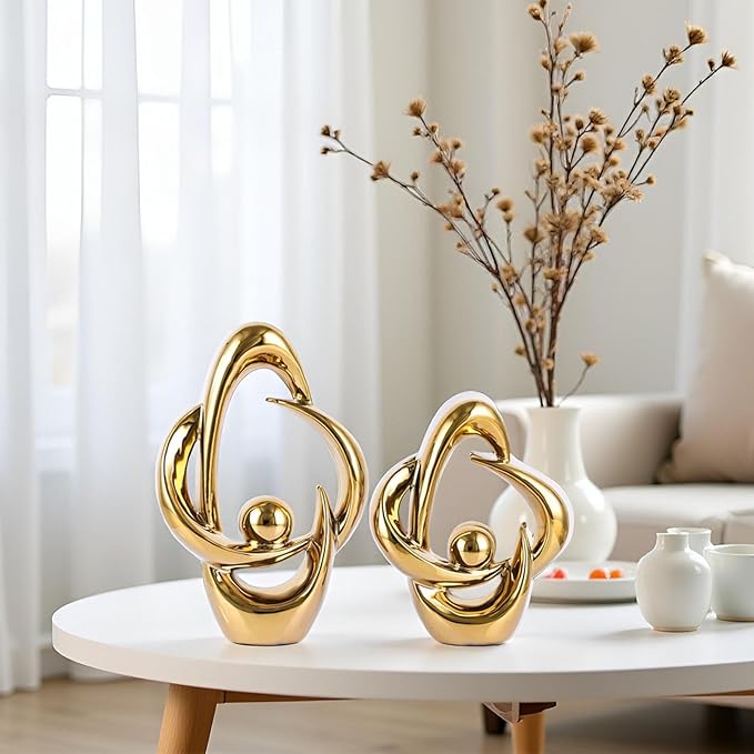 XMGZQ 2PCS Home Decor Accent Ceramic Statue Abstract Sculptures Centerpieces Mid Century Modern Decor for Tables Coffee Table top Decorations for Living Room Desktop Shelf Dining Room Kitchen (Gold)