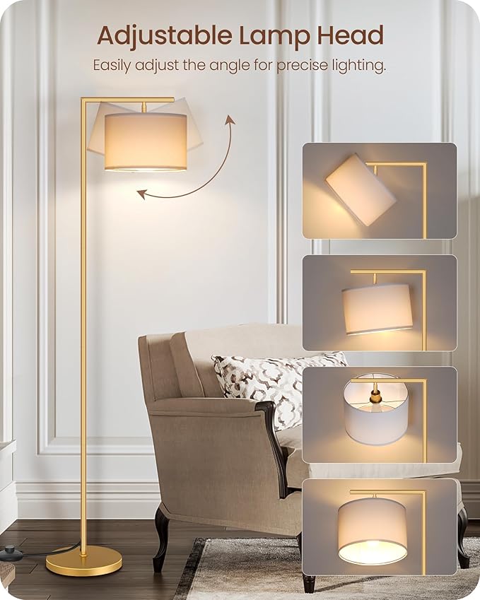 Gold Dimmable Floor Lamp, Modern Arc Lamp with Remote, Standing Corner Light with Lampshade, Tall Reading Lighting for Bedroom, Living Room, Office, Den, White, LED Bulb Included, DW11LD05