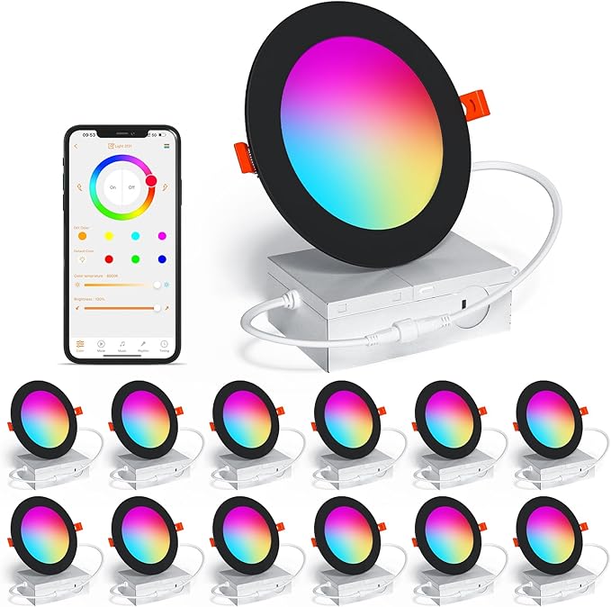 Smart Recessed Lighting 4 Inch RGBCW Color Changing 12W LED Downlight with Junction Box,1080 Lumen Recessed Ceiling Light Compatible with Alexa,Dimmable by Bluetooth Control -12Pack