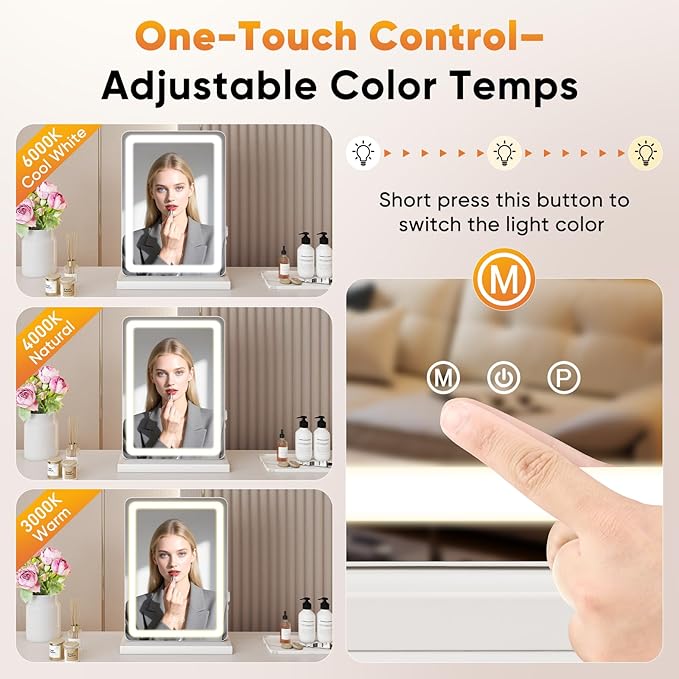 Sweetcrispy 18"x13" LED Vanity Mirror with Lights, Small Smart Makeup Mirror with Touch Control, Dimmable Lighting