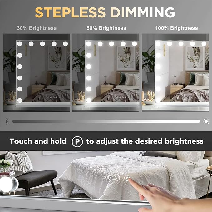 Vanity Mirror with Lights -17 Bulbs, 25" x 21" Large Hollywood Vanity Mirror, 10X Magnifying, 3 Colors Modes, Touch Control Mirror with Lights, Tabletop or Wall-Mounted, USB Charging Port