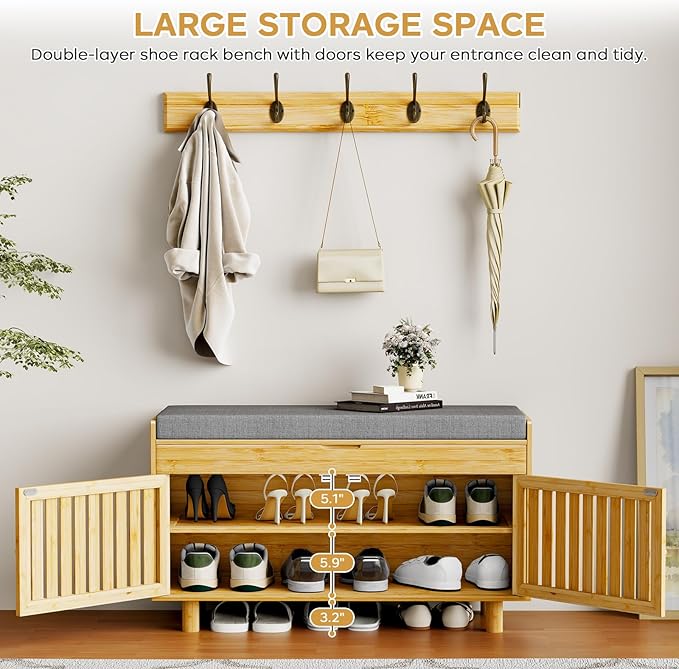 Shoe Storage Bench Coat Rack Set, 35.4" Bamboo Shoes Bench with Lift Top Hidden Storage & Wall Hooks, Hall Tree Entryway Bench with Seat Cushion, 2-Tier Shoe Cabinet for Entryway, Living Room, Bedroom