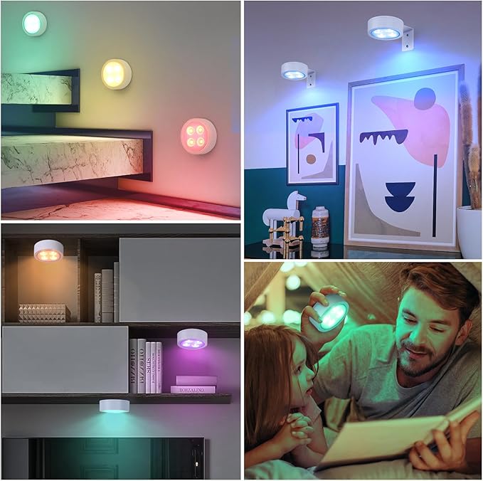 2Pcs Picture Lights for Wall, 13 Color RGB Magnetic Led Art Display Light for Picture Frame, Wireless Battery Operated Painting Light with Remote Control, Party Home Wall Decor Puck Lights, White