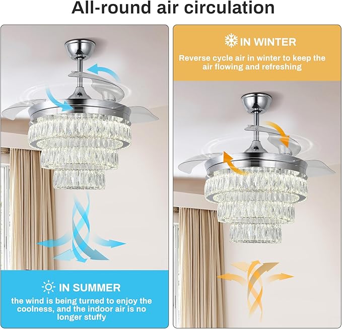 Finktonglan 42'' Fandelier Ceiling Fan with Light, LED Crystal Chandelier Ceiling Fan with Remote Retractable Chandeliers Fan for Bedroom Living Room, Timing 6 Speed Reversible, Chrome