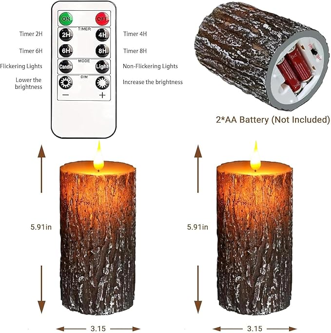 VEEKI Flameless Candles Lights, Set of 2 6"x3" Pine Bark Flickering LED Candles with Remote & Timer, Dimmable Pillar Candles Battery Operated, Real Wax Electric Candle for Christmas Winter Home Decor