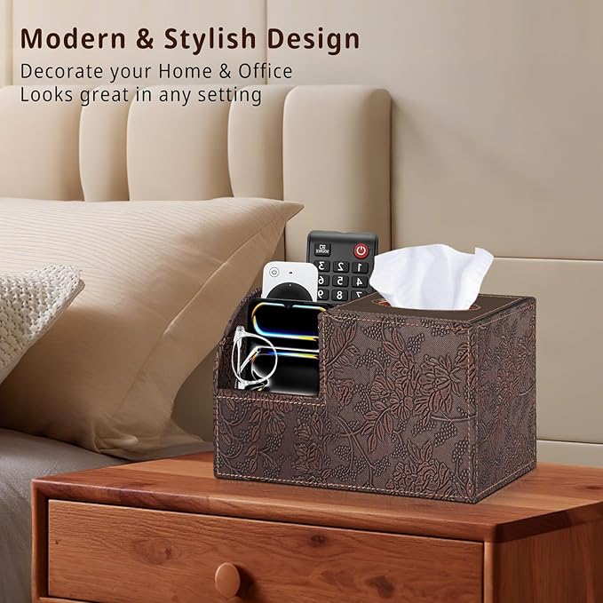 PU Leather Square Tissue Box Cover - Multi-Functional Tissue Box Holder, Tissue Box Cover with Storage,Tissue and Remote Control Holder, Cube Tissue Box Organizer Bedroom Nightstand End Table