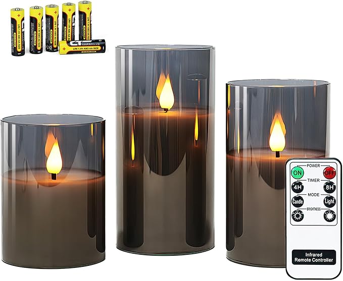 Rhytsing Gray Glass Battery Operated LED Candles with Remote, Flameless Candle Gift Set, Warm White Light - Include 6 Batteries