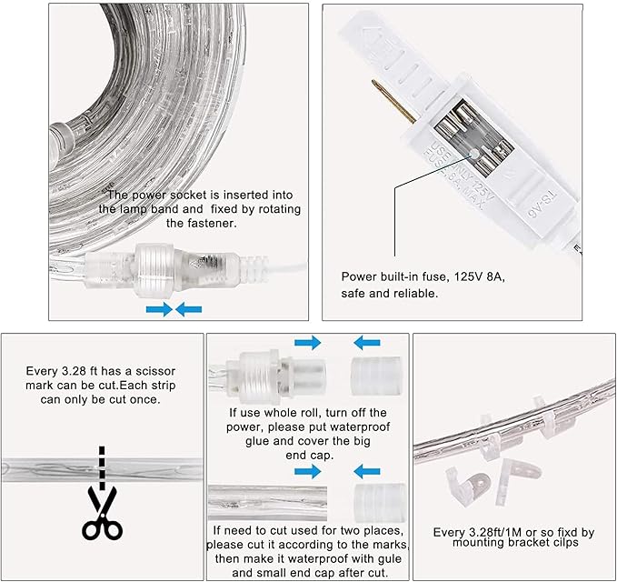 SURNIE LED Rope Lights Outdoor Warm White, Waterproof 100FT Cuttable 3000K Soft Lighting Indoor 110V Connectable Flexible Clear Tube for Bedroom Outside Garden Deck Patio Camping Decor, Not Flat Strip