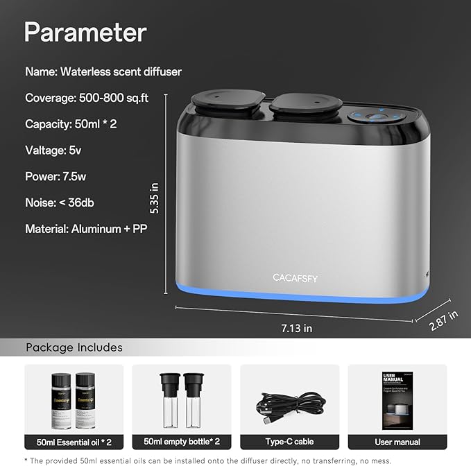 Waterless Scent Diffuser,2 * 50ml Hotel Scent Oils Included-Whole House Air Freshener-Scent Diffusers for Home,Office,Essential Oil Diffuser Large Room,Smart, Cold-Air Tech,App Control Silver