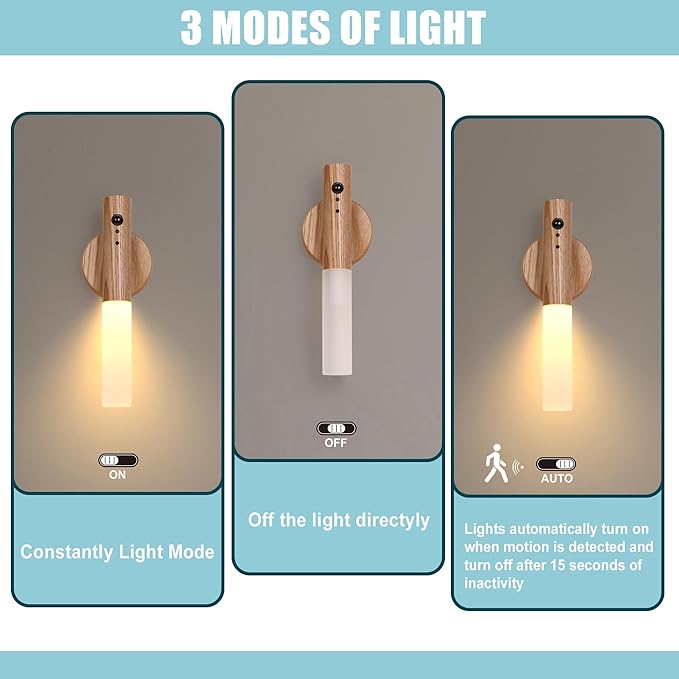 LANDGOO Wireless Wall Sconces Set of 2, RGB Motion Sensor Lights Indoor, Rechargeable LED Night Lights with Wood Design for Bedroom/Closet/Stairs
