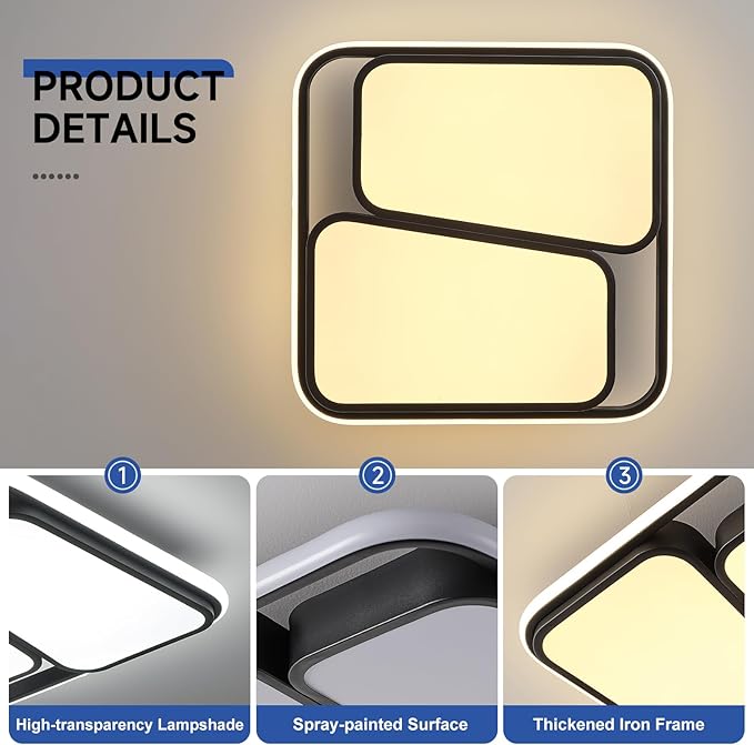 Modern LED Ceiling Light Fixture, 15.7 inch Dimmable Black Square Flush Mount Ceiling Lights with Remote, Bedroom Ceiling Lamp LED Chandelier for Kitchen Hallway Laundry Living Room, 60W