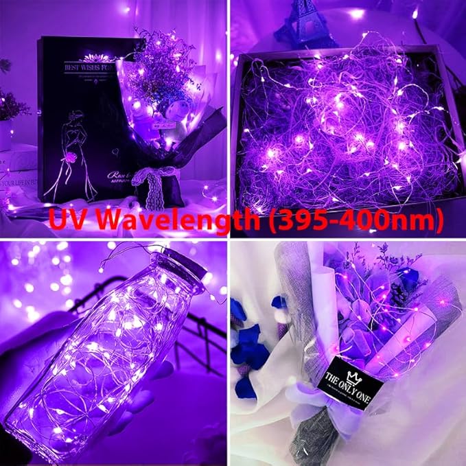 OMIKA Battery Operated LED UV Black Lights, 16.5ft 50 Units 2835 LED UV Lamp Beads 8 Modes Flexible Blacklight Fairy String Lights with Remote for Fluorescent Party Stage Body Paint Halloween Decor