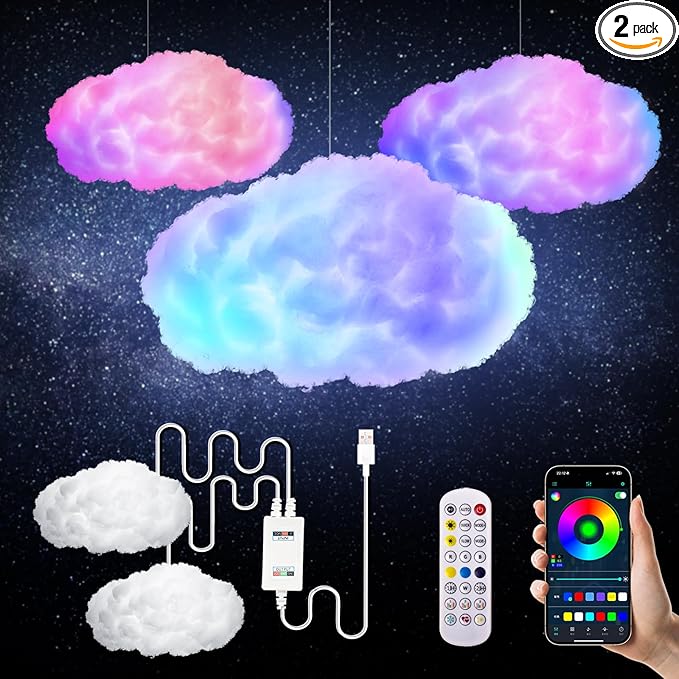 3D Cloud Lamp 2 Pack – 24 Inch Cotton LED Mood Lights, APP & Remote Controlled, Music Sync, 16 Million Colors, USB Powered for Bedroom, Kids Room, Ceiling Hanging Decor