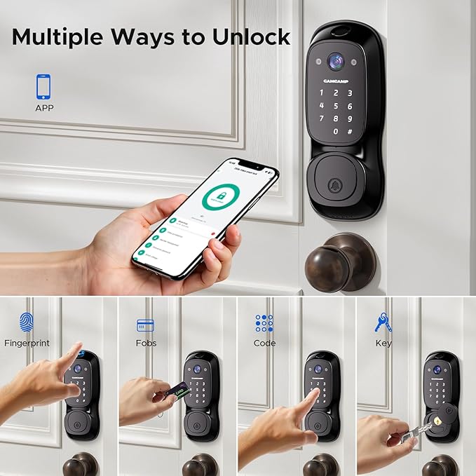 Camcamp Smart Door Lock,Fingerprint Keyless Entry Door Lock with Camera&Doorbell,Built-in Wi-Fi Deadbolt Smart Lock for Front Door,2-Way Audio,App Control,8Months Battery,Auto Locking,IP66Waterproof