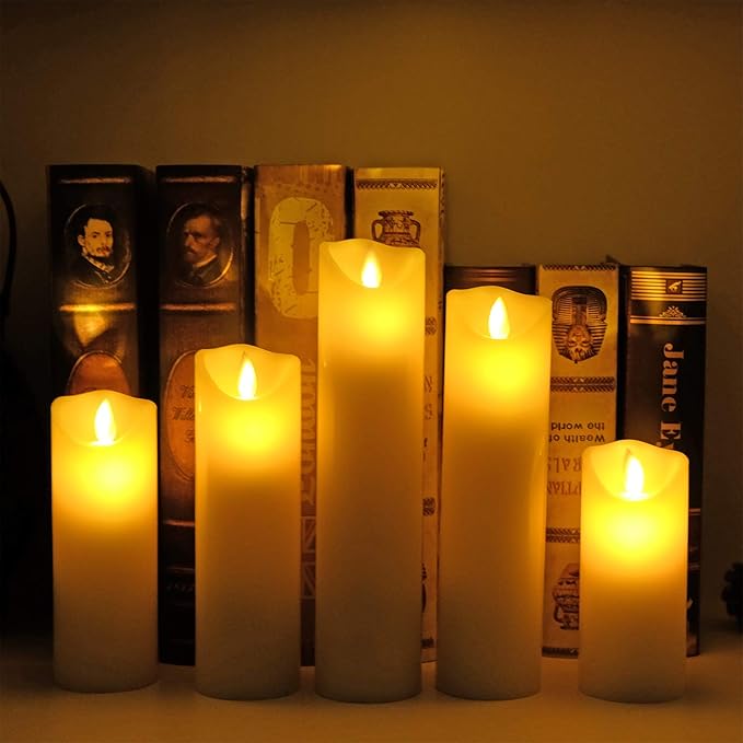 Eldnacele LED Flameless Flickering Candles with Remote Timer Warm White Battery Operated Wax LED Pillar Candles Set of 5 Realistic Flame for Decoration (2.2" X 5"6" 7" 8" 9")