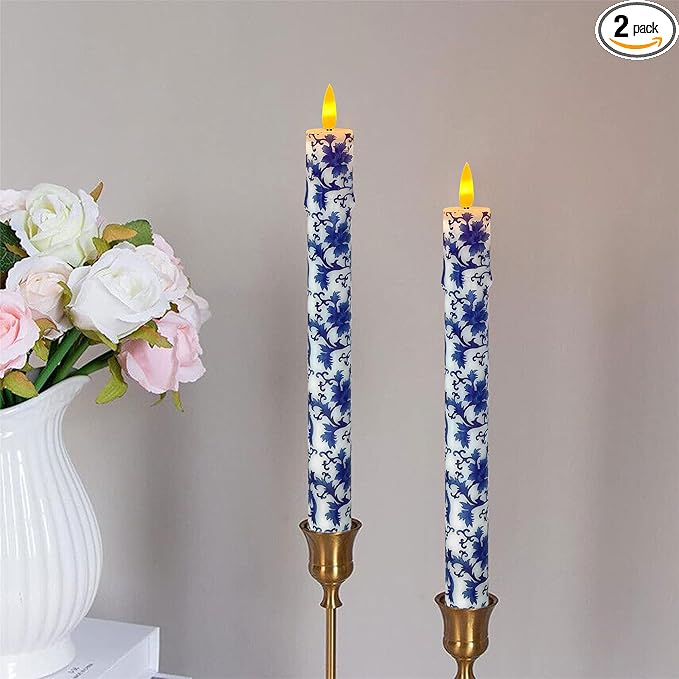Chinoiserie LED Candles Remote Candlesticks-10inches Blue and White Battery Operated Candles Timer Floral LED Taper Candles Lights for Home Wedding Tea Party Windows Decor-RC2PC-BLUWHT
